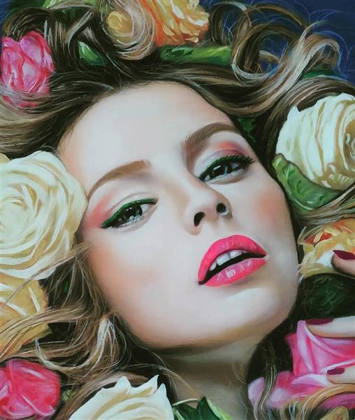 چهره دختری زیبا در گل های رز نقاشی پاستل