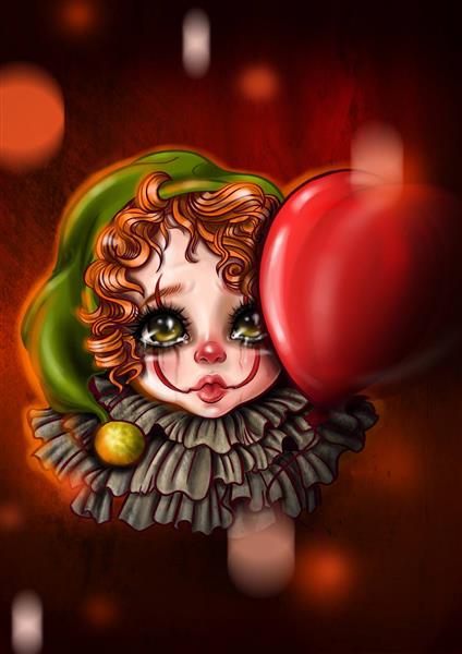 طراحی شخصیت دختر دلقک غمگین با چشمانی اشکبار و بادکنک قرمز