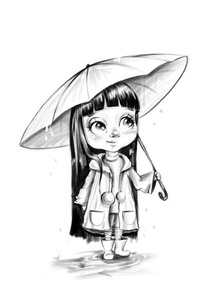 طراحی و نقاشی دختری با چتر زیر باران