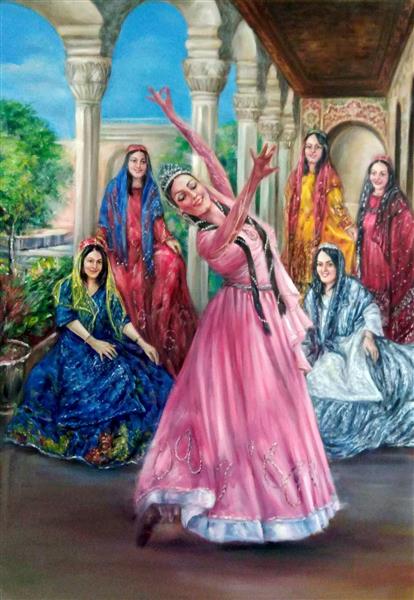 تابلو رنگ و روغن زنان ایرانی با لباس های رنگی
