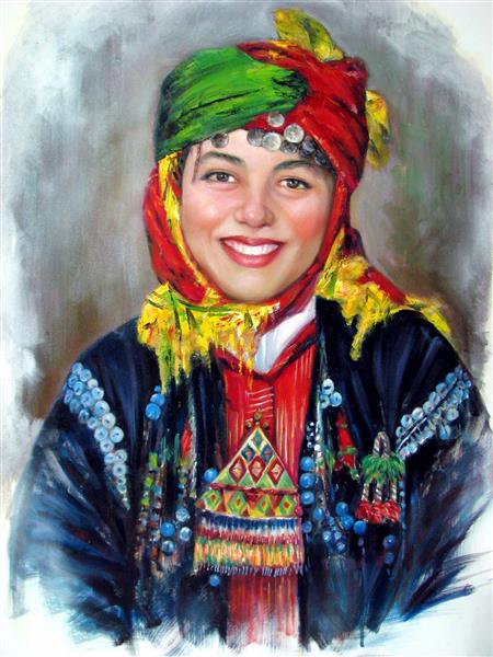 لبخند زندگی اثر هنری رنگ و روغن از دختر روستایی در لباس رنگارنگ