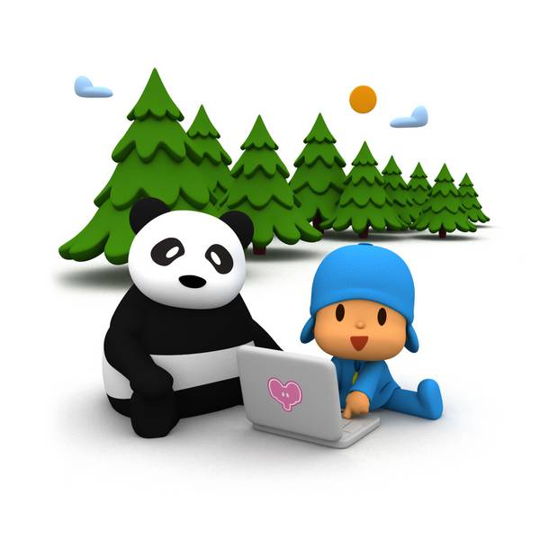 پوکویو و پاندا در جنگل در حال کار با لپ تاپ