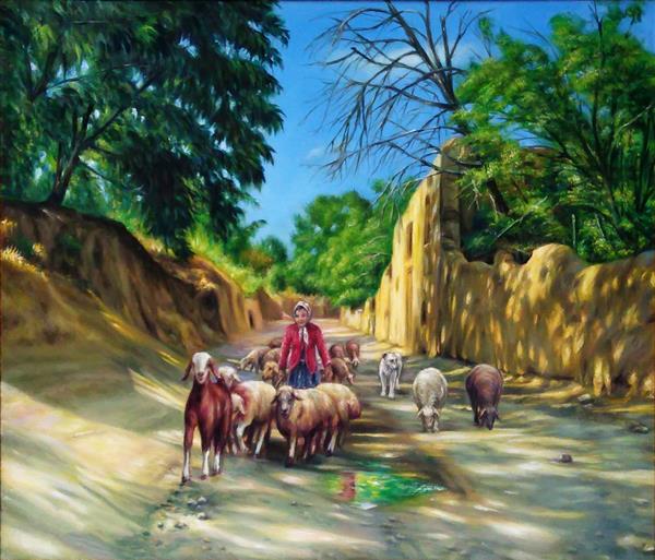 یک صبح روستایی تابلوی هنری زن چوپان با گله گوسفندان