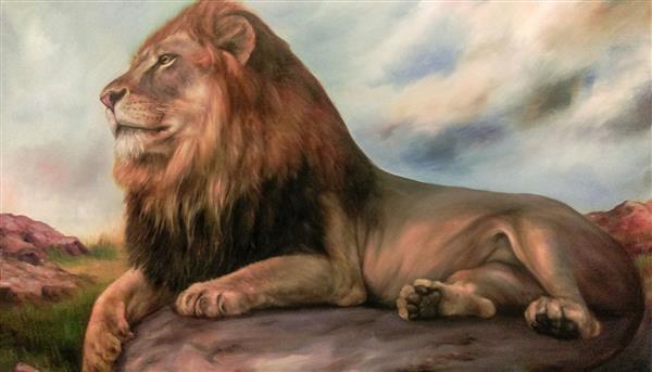 سلطانی بر صخره نقاشی شیر سلطان جنگل به سبک رنگ و روغن