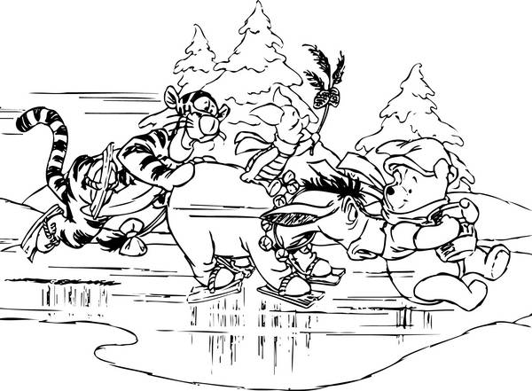 نقاشی سیاه و سفید پو و دوستانش در حال اسکیت بازی