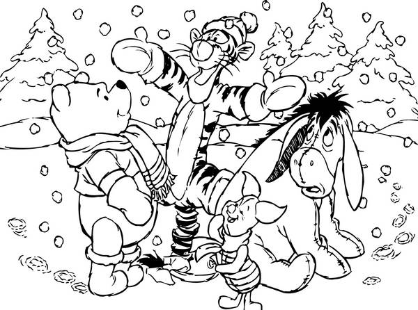 نقاشی سیاه و سفید پو و دوستانش در حال برف بازی