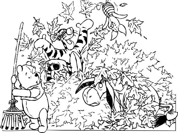 نقاشی سیاه و سفید پو در حال جمع کردن برگ های پاییزی