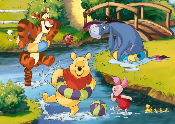 پو و دوستانش در حال شنا در رود