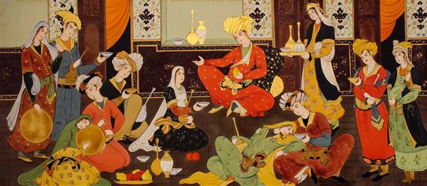 بزم نقاشی مینیاتور ایرانی با نواختن موسیقی تمبک و دف و ظروف میوه جام و پیاله