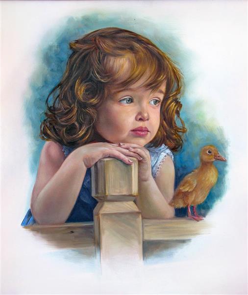 تابلو نقاشی دختربچه زیبا و جوجه اردک