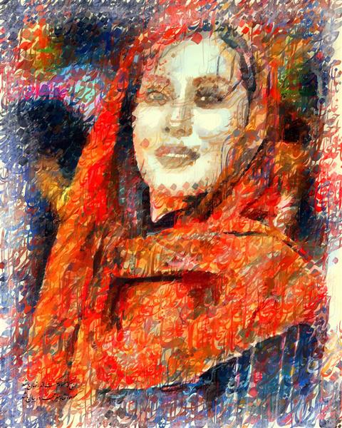 طرح نقاشی و خوشنویسی فارسی نستعلیق بانویی با روسری قرمز