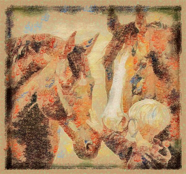 تابلو مربع دو اسب طرح نقاشیخط زیبای ایرانی با خوشنویسی نستعلیق