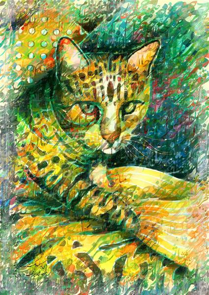 گربه پلنگی طرح نقاشیخط زیبای ایرانی با خوشنویسی نستعلیق