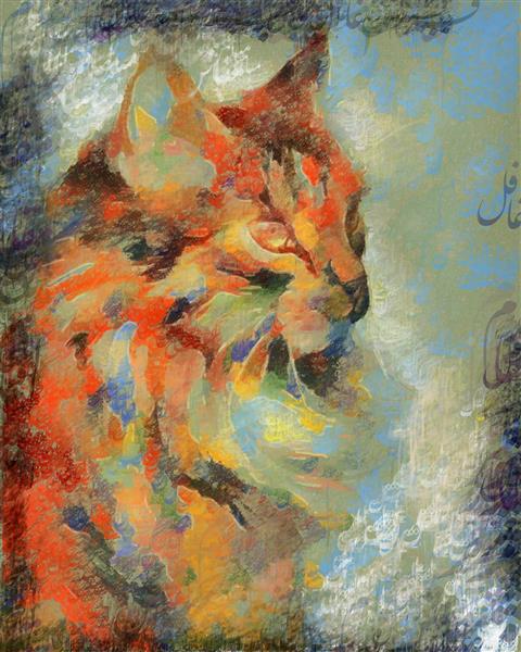 گربه طرح نقاشیخط زیبای ایرانی با خوشنویسی نستعلیق