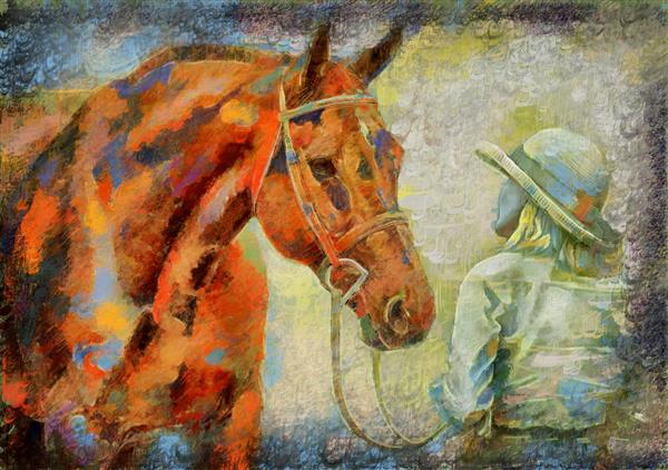 اسب و اسب بان طرح نقاشیخط زیبای ایرانی با خوشنویسی نستعلیق
