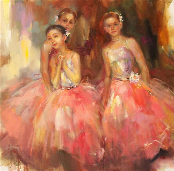 نقاشی گروه دختران بالرین با دامن صورتی اثر آنا رازوموسکایا