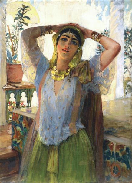 زن جوان شرقی در یک تراس اثر ادوارد فردریک ویلهلم ریشتر نقاشی