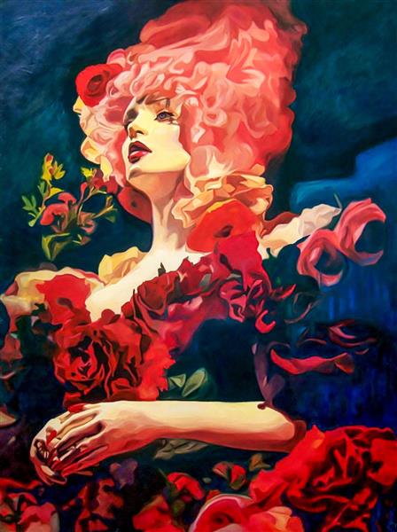 نقاشی ملکه زیبا و گل های قرمز