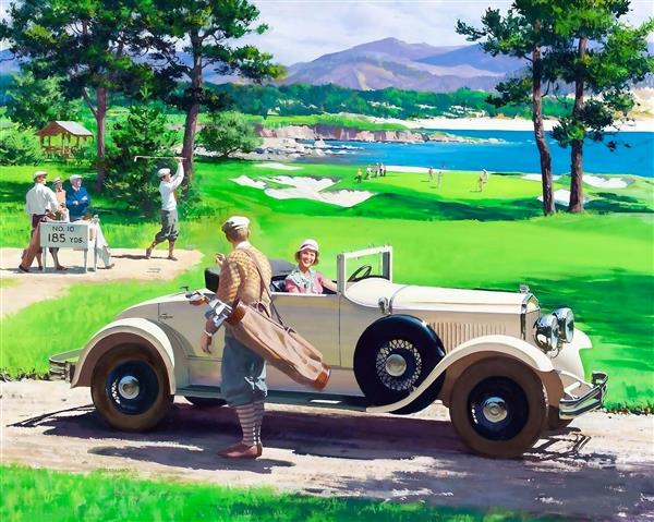 نقاشی لحظات عالی گلف کرایسلر امپریال رودستر در اتومبیلرانی اولیه آمریکا اثر هری اندرسون