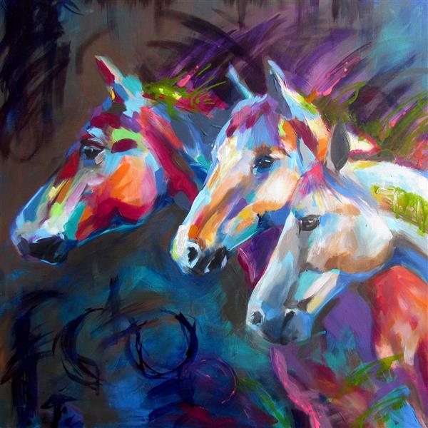 نقاشی سه اسب رنگارنگ زیبا