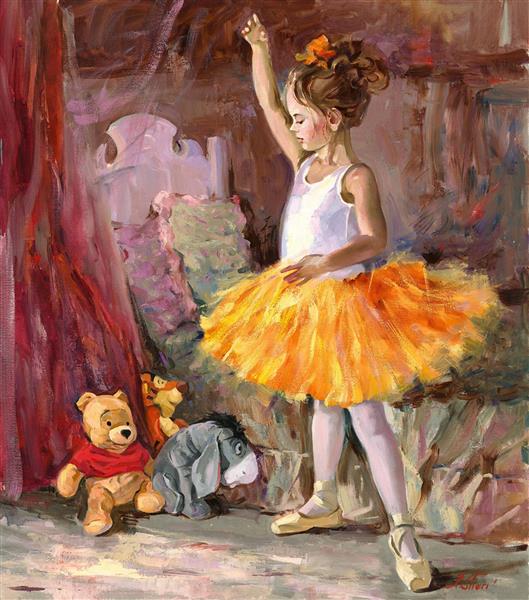 نقاشی دختر بالرین با عروسک های وینی پو