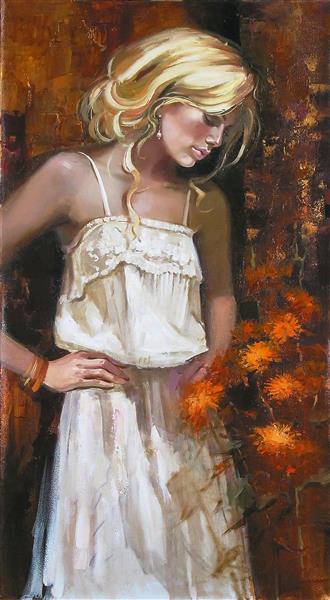 نقاشی دختر بلوند با گل های زیبا