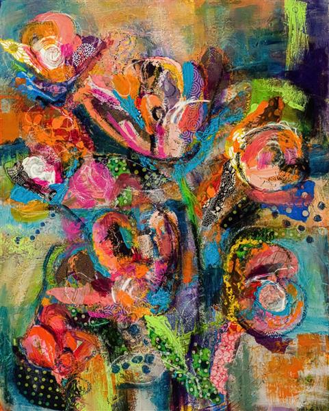 گل ها اثر ام جین جانسون نقاشی انتزاعی رنگارنگ
