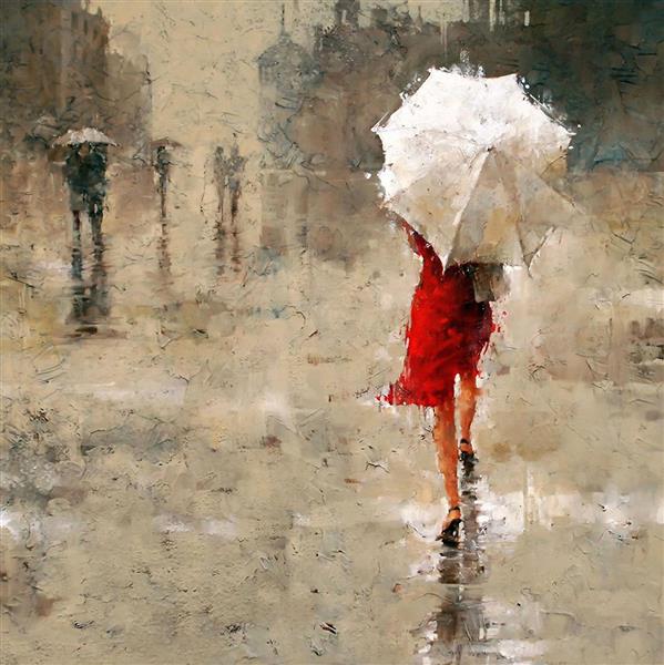 بانوی قرمزپوش در یک روز بارانی با چتر