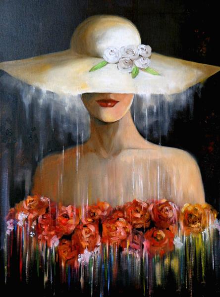 زن جوان با کلاه بزرگ نقاشی رنگ روغن