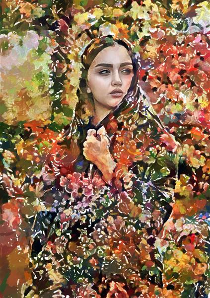 تابلو نقاشی و طراحی زیبای دختر ایرانی در گلزار