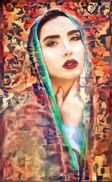 تابلو نقاشی و طراحی زیبای دختر ایرانی در پوشش رنگی