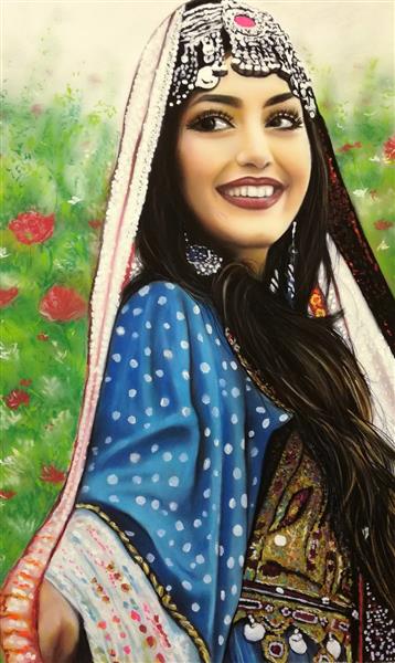 دختر شرقی با لباس محلی ایرانی و موهای مشکی زیبا نقاشی