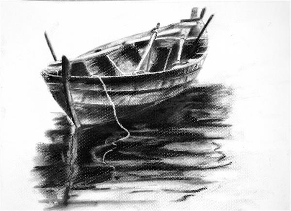 نقاشی سیاه قلم از قایق در دریا