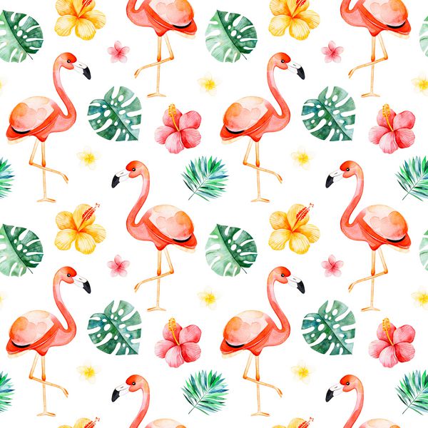 الگوی بدون درز آبرنگ با طرح های تزئینی با گل های چند رنگ برگ های گرمسیری پرنده فلامینگو در زمینه سفیدپروش پس زمینهروش کامل برای پروژه شما عروسی بسته بندی کاغذ دیواری طرح جلد