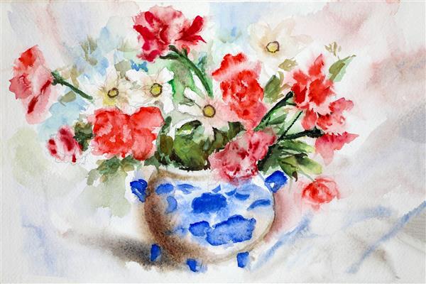 گلدان آبرنگی نقاشی هنری