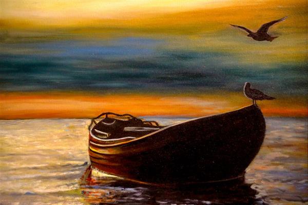 مرغهای عاشق نقاشی قایقی در دریا و غروب آفتاب