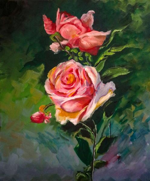 نقاشی گل های زیبا رز با رنگ صورتی