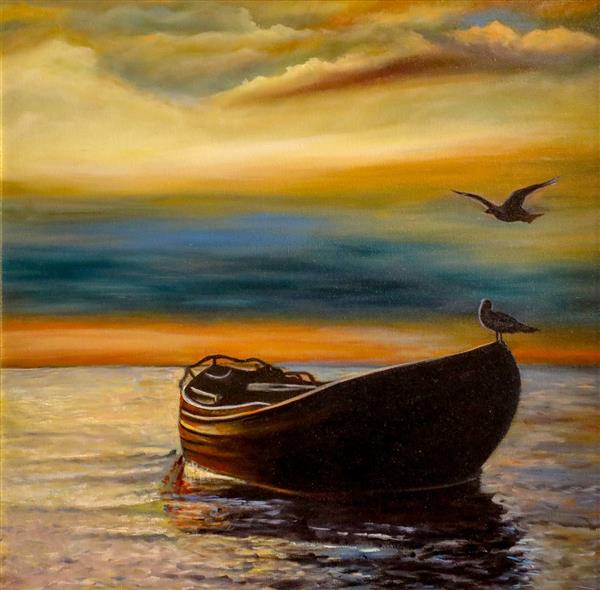 سکوت دریا منظره زیبا نقاشی هنری غروب