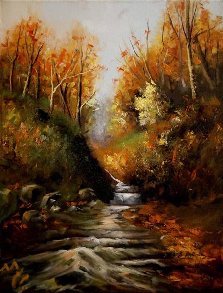 رود پاییزی منظره زیبا نقاشی رنگ روغن
