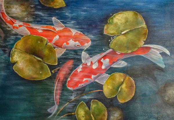 برکه و ماهی های قرمز نقاشی رنگ روغن