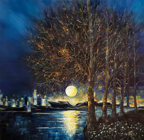 سکوت شب نقاشی رنگ روغن از ماه در شب و درختان