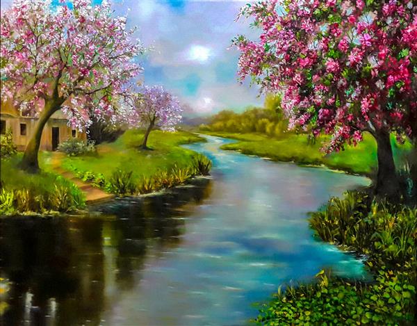 شکوفه بهاری نقاشی زیبا از رودخانه و درختان بهاری