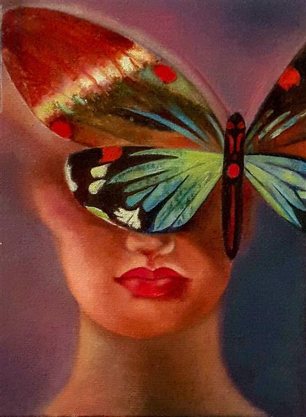 پرواز ذهن اثر هنری چهره دختر زیبا و پروانه