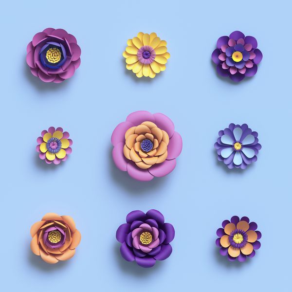 رندر سه بعدی هنر کاغذی گل تزئینی گل آراسته گل الگوی گیاه شناسی رنگ آب نبات پاستیل پالت پر جنب و جوش عناصر طراحی جدا شده