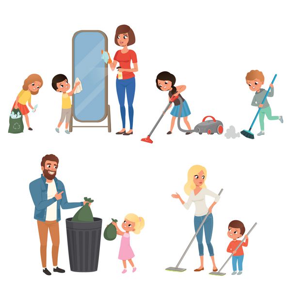 کودکانی که در کارهای خانه به والدین خود کمک می کنند جاروبرقی جاروبرقی کف شستشو بیرون ریختن زباله تمیز کردن آینه شخصیت های کارتونی بچه ها طراحی وکتور تخت