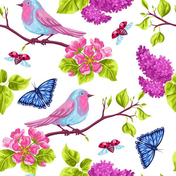 الگوی بدون درز باغ تصویر طبیعی با گل شکوفه رابین پرنده و پروانه