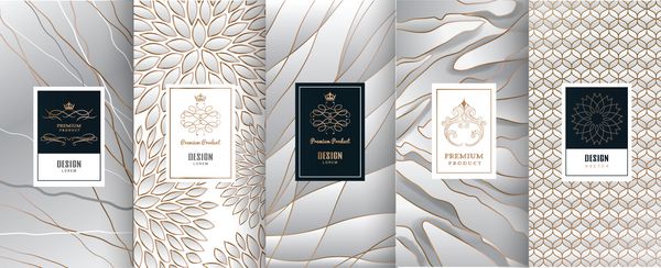 مجموعه عناصر طراحی برچسب ها آیکون فریم برای بسته بندی طراحی محصولات لوکس ساخته شده با فویل طلایی بر روی زمینه نقره و سنگ مرمر تصویر برداری