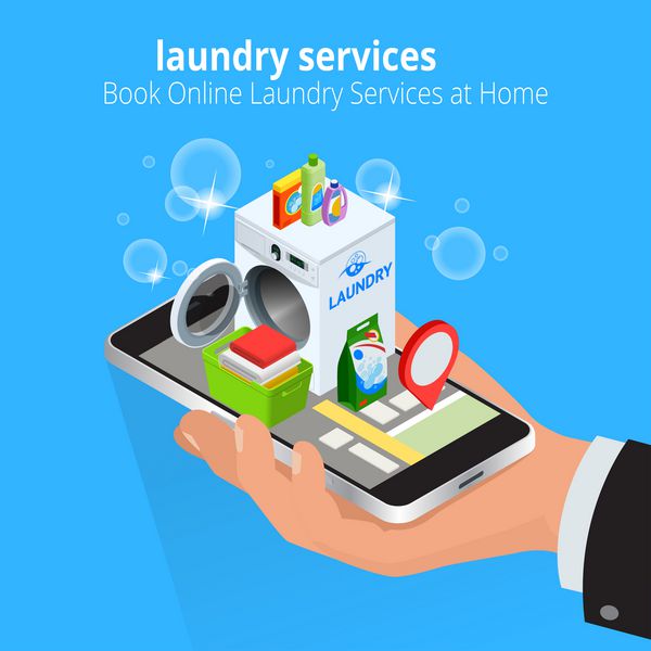 ایزومتریک دست با استفاده از تلفن هوشمند خدمات خشکشویی آنلاین را رزرو می کند خدمات خشکشویی آنلاین در مفهوم صفحه اصلی برنامه روی صفحه نمایش رزرو کنید