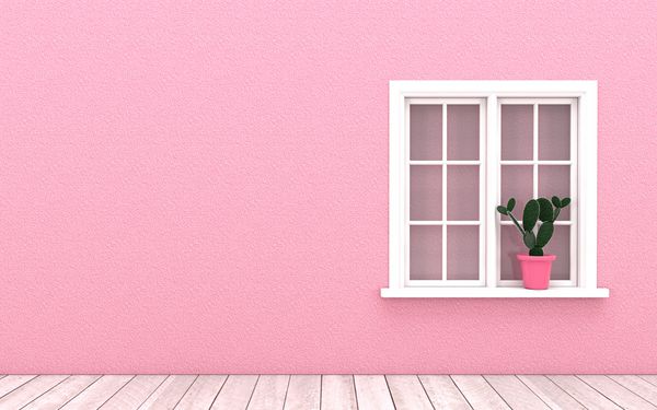 طراحی داخلی با پنجره کلاسیک گلدان کاکتوس و کف چوبی با زمینه دیوار صورتی تصویر برای تبلیغات روز ولنتاین و تبریک روز و عشق در رندر سه بعدی تصویر سه بعدی