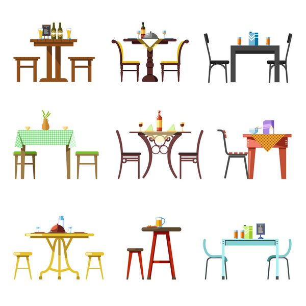 جداول و صندلی های آیکون های وکتور رستوران کافه یا بیسترو که با ظروف غذا و نوشیدنی سرو می شوند